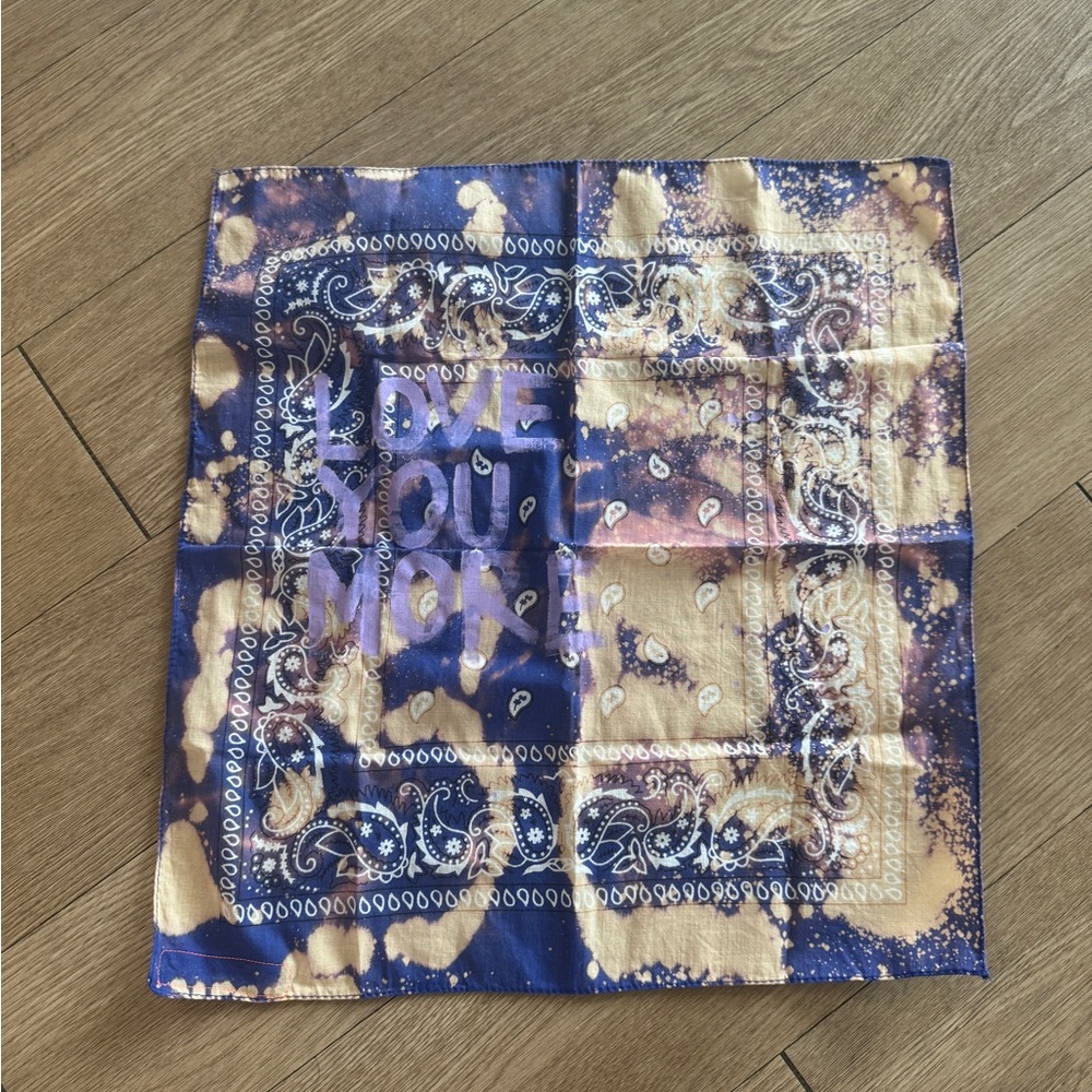 By Audrey Muse Bleached Navy and Beige Bandana Scarf - 'Love You More' Graphic